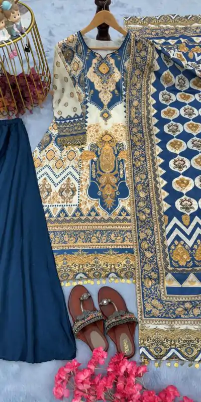 AD 166 Blue Color Chinon Silk Digital Printed Work Sharara Suit Casual, Wedding, Party, Festive, Events Etc. Expected Delivery 4-6 Working Days @1949/- | Casual Suits, Jump Suits, Salwar suit, Creative suits, Designer Suits, Palazzo Suits, Party Wear Suits, Patiala Suits, Straight Suits