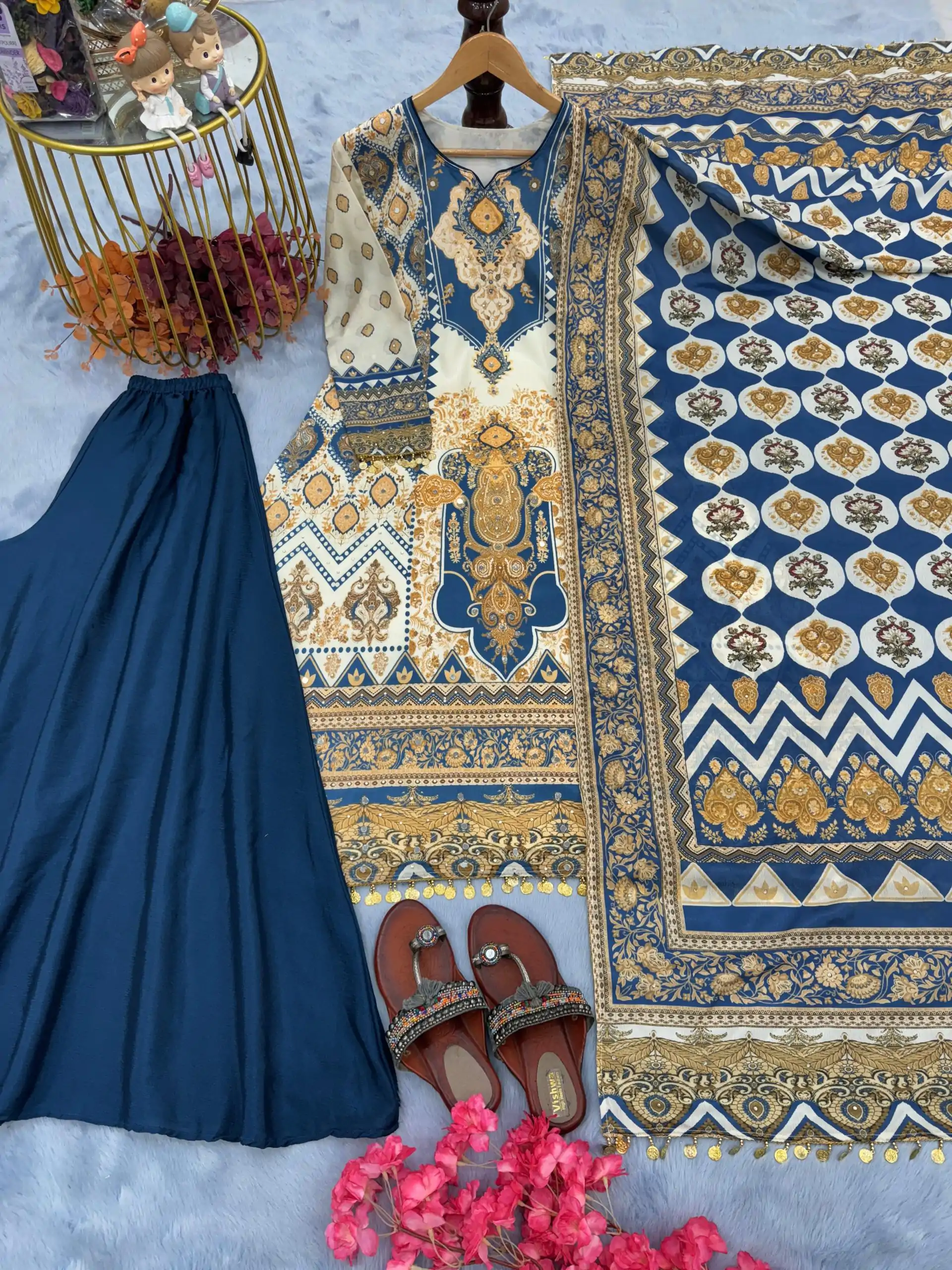 AD 166 Blue Color Chinon Silk Digital Printed Work Sharara Suit Casual, Wedding, Party, Festive, Events Etc. Expected Delivery 4-6 Working Days @1949/- | Casual Suits, Jump Suits, Salwar suit, Creative suits, Designer Suits, Palazzo Suits, Party Wear Suits, Patiala Suits, Straight Suits