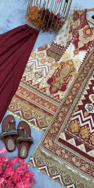 AD 166 Maroon Color Chinon Silk Digital Printed Work Sharara Suit Casual, Wedding, Party, Festive, Events Etc. Expected Delivery 4-6 Working Days @1949/- | Casual Suits, Jump Suits, Salwar suit, Creative suits, Designer Suits, Palazzo Suits, Party Wear Suits, Patiala Suits, Straight Suits