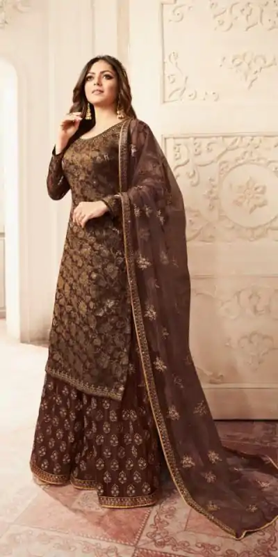 FC L.t 5406 Coffee Color Jacquard Silk Georgette Diamond Sharara Suit Wedding, Party, Festive Expected Delivery 4-6 Working Days @2999/- | Casual Suits, Jump Suits, Salwar suit, Creative suits, Designer Suits, Palazzo Suits, Party Wear Suits, Patiala Suits, Straight Suits