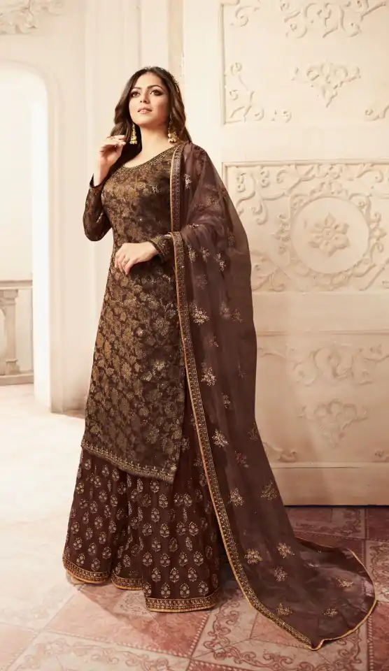 FC L.t 5406 Coffee Color Jacquard Silk Georgette Diamond Sharara Suit Wedding, Party, Festive Expected Delivery 4-6 Working Days  @2999/- | Casual Suits, Jump Suits, Salwar suit, Creative suits, Designer Suits, Palazzo Suits, Party Wear Suits, Patiala Suits, Straight Suits