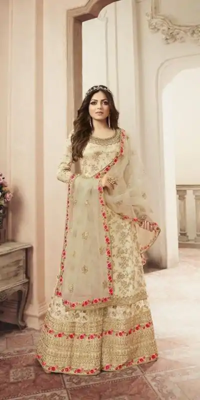 FC L.t 5404 Cream Color Jacquard Silk Georgette Diamond Sharara Suit Wedding, Party, Festive Expected Delivery 4-6 Working Days @2999/- | Casual Suits, Jump Suits, Salwar suit, Creative suits, Designer Suits, Palazzo Suits, Party Wear Suits, Patiala Suits, Straight Suits