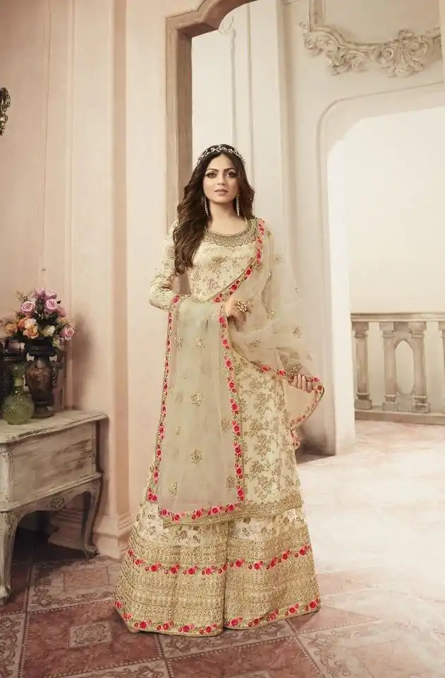 FC L.t 5404 Cream Color Jacquard Silk Georgette Diamond Sharara Suit Wedding, Party, Festive Expected Delivery 4-6 Working Days  @2999/- | Casual Suits, Jump Suits, Salwar suit, Creative suits, Designer Suits, Palazzo Suits, Party Wear Suits, Patiala Suits, Straight Suits