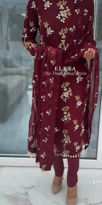 VLM 209 Maroon Color Georgette Embroidery Sequence Salwar Suit Wedding, Party, Festive, Events Expected Delivery 4-6 Working Days @ 1999/- Only | Casual Suits, Salwar suit, Creative suits, Designer Suits, Party Wear Suits, Straight Suits