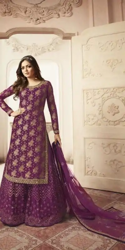 FC L.t 5403 Purple Color Jacquard Silk Georgette Diamond Sharara Suit Wedding, Party, Festive Expected Delivery 4-6 Working Days @2999/- | Casual Suits, Jump Suits, Salwar suit, Creative suits, Designer Suits, Palazzo Suits, Party Wear Suits, Patiala Suits, Straight Suits