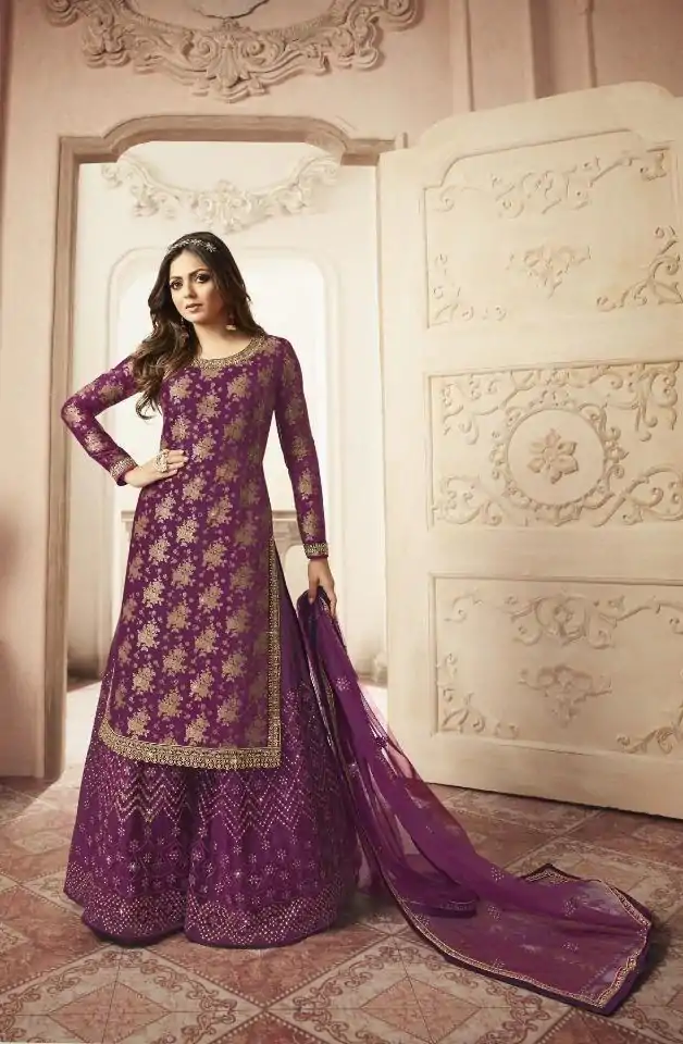 FC L.t 5403 Purple Color Jacquard Silk Georgette Diamond Sharara Suit Wedding, Party, Festive Expected Delivery 4-6 Working Days  @2999/- | Casual Suits, Jump Suits, Salwar suit, Creative suits, Designer Suits, Palazzo Suits, Party Wear Suits, Patiala Suits, Straight Suits