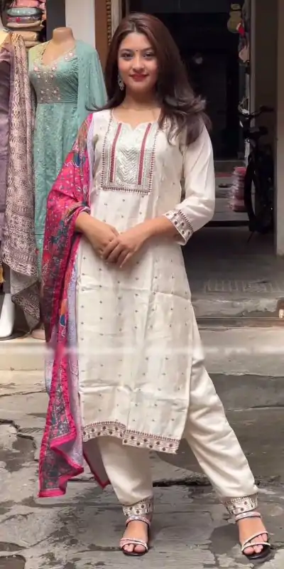 SRK 474 White Color Chinnon Silk Malty Thread Embroidery Salwar Suit Wedding, Party, Festive, Events Expected Delivery 4-6 Working Days @ 1849/- | Casual Suits, Jump Suits, Salwar suit, Creative suits, Designer Suits, Palazzo Suits, Party Wear Suits, Patiala Suits, Straight Suits