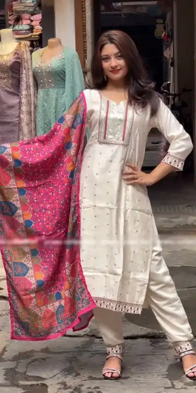 SRK 474 White Color Chinnon Silk Malty Thread Embroidery Salwar Suit Wedding, Party, Festive, Events Expected Delivery 4-6 Working Days @ 1849/- | Casual Suits, Jump Suits, Salwar suit, Creative suits, Designer Suits, Palazzo Suits, Party Wear Suits, Patiala Suits, Straight Suits
