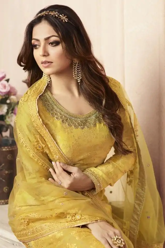 FC L.t 5405 Yellow Color Jacquard Silk Georgette Diamond Sharara Suit Wedding, Party, Festive Expected Delivery 4-6 Working Days  @2999/- | Casual Suits, Jump Suits, Salwar suit, Creative suits, Designer Suits, Palazzo Suits, Party Wear Suits, Patiala Suits, Straight Suits