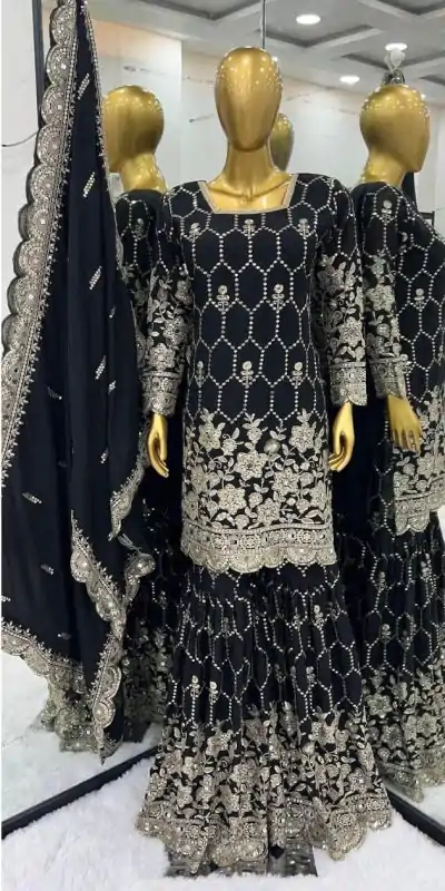 SR 1616 Black Color Heavy Chinnon Silk Embroidery Work Sharara Suit Wedding, Party, Festive, Events Etc. Expected Delivery 4-6 Working Days @2199Only | Casual Suits, Salwar suit, Creative suits, Designer Suits, Palazzo Suits, Party Wear Suits, Straight Suits