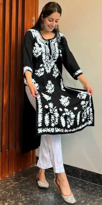 MJF 402 Black Color Heavy Rayon Cotton Style Embroidery Work Kurti Wedding, Party, Festive, Events Etc.   Expected Delivery 4-6 Working Days @1499/- | Kurti, Bollywood Kurti, Creative Kurtis, Designer Kurti, Party Wear Kurti, Selfie Kurti