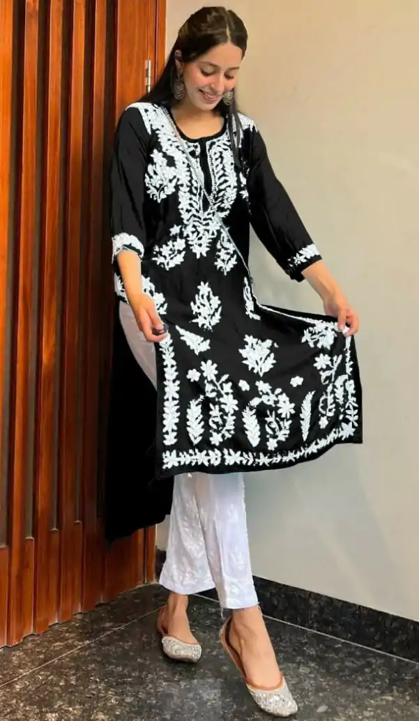 MJF 402 Black Color Heavy Rayon Cotton Style Embroidery Work Kurti Wedding, Party, Festive, Events Etc. Expected Delivery 4-6 Working Days @1499/- | Kurti, Bollywood Kurti, Creative Kurtis, Designer Kurti, Party Wear Kurti, Selfie Kurti