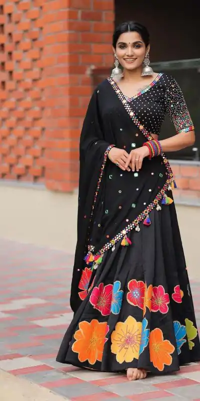 LG 576 Black Color Pure Cotton Printed Mirror Work Lehenga Choli Traditional Wear, Festive, Wedding, Events Expected Delivery 4-6 Working Days @1899/- | Lehenga, Bollywood Lehenga, Creative Lehenga, Designer Lehenga, Embroidered Lehenga, Party Wear Lehenga