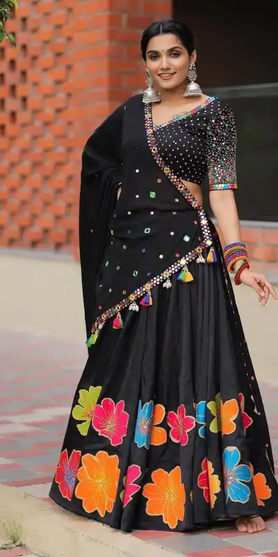 LG 576 Black Color Pure Cotton Printed Mirror Work Lehenga Choli Traditional Wear, Festive, Wedding, Events Expected Delivery 4-6 Working Days @1899/- | Lehenga, Bollywood Lehenga, Creative Lehenga, Designer Lehenga, Embroidered Lehenga, Party Wear Lehenga