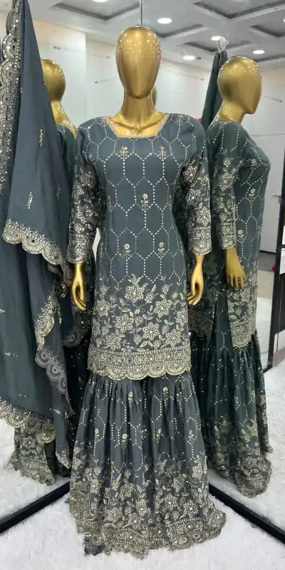 SR 1616 Blue Color Heavy Chinnon Silk Embroidery Work Sharara Suit Wedding, Party, Festive, Events Etc. Expected Delivery 4-6 Working Days @2199Only | Casual Suits, Salwar suit, Creative suits, Designer Suits, Palazzo Suits, Party Wear Suits, Straight Suits