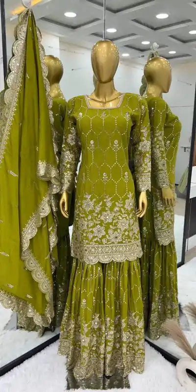 SR 1616 Green Color Heavy Chinnon Silk Embroidery Work Sharara Suit Wedding, Party, Festive, Events Etc. Expected Delivery 4-6 Working Days @2199Only | Casual Suits, Salwar suit, Creative suits, Designer Suits, Palazzo Suits, Party Wear Suits, Straight Suits