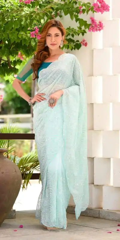 JR 622 Light Blue Color Georgette Sequence Work Casual, Party Wear, Wedding, Events Etc. Expected Delivery 4-6 Working Days @1849/- | Designer Sarees, Embroidered Sarees, Sarees, Bollywood Sarees, Creative Sarees, Ethnic Saree, Modern Digital sarees, Party Wear Sarees