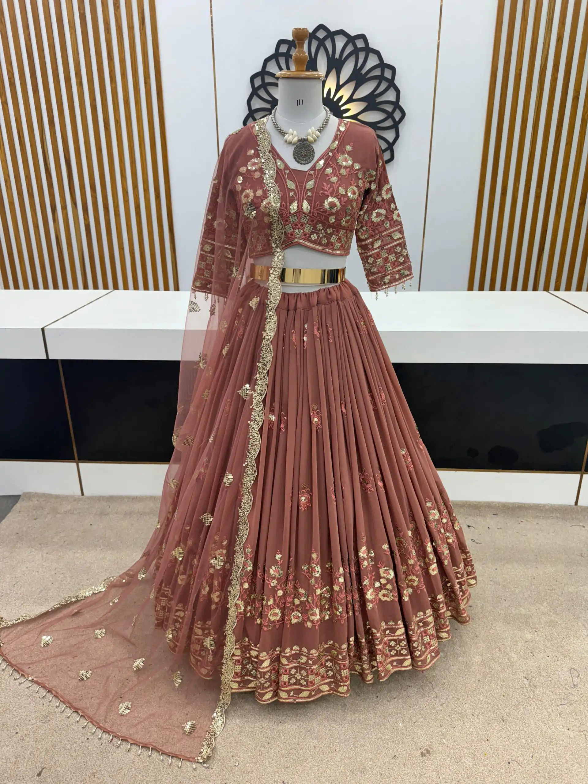 ZSR 3074 Peach Color Georgette Embroidery Sequence Lehenga Choli Wedding, Party, Events Etc. Expected Delivery 4-6 Working Days 2149/- | Lehenga, Bollywood Lehenga, Creative Lehenga, Designer Lehenga, Embroidered Lehenga, Party Wear Lehenga