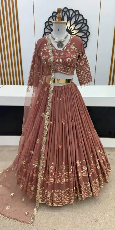 ZSR 3074 Peach Color Georgette Embroidery Sequence Lehenga Choli Wedding, Party, Events Etc. Expected Delivery 4-6 Working Days 2149/- | Lehenga, Bollywood Lehenga, Creative Lehenga, Designer Lehenga, Embroidered Lehenga, Party Wear Lehenga