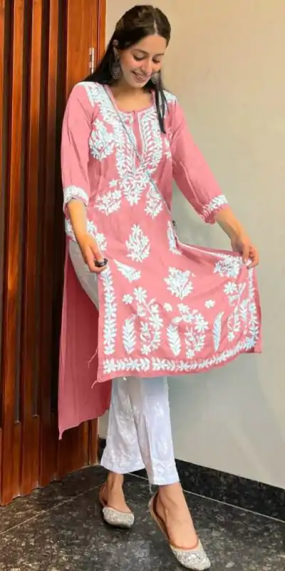 MJF 402 Pink Color Heavy Rayon Cotton Style Embroidery Work Kurti Wedding, Party, Festive, Events Etc. Expected Delivery 4-6 Working Days @1499/- | Kurti, Bollywood Kurti, Creative Kurtis, Designer Kurti, Party Wear Kurti, Selfie Kurti