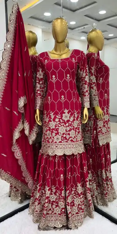 SR 1616 Red Color Heavy Chinnon Silk Embroidery Work Sharara Suit Wedding, Party, Festive, Events Etc. Expected Delivery 4-6 Working Days @2199Only | Casual Suits, Salwar suit, Creative suits, Designer Suits, Palazzo Suits, Party Wear Suits, Straight Suits