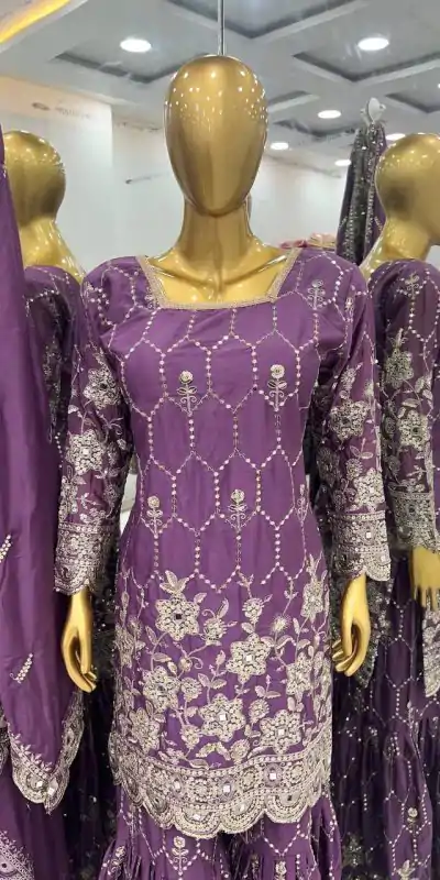 SR 1616 Violet Color Heavy Chinnon Silk Embroidery Work Sharara Suit Wedding, Party, Festive, Events Etc. Expected Delivery 4-6 Working Days @2199Only | Casual Suits, Salwar suit, Creative suits, Designer Suits, Palazzo Suits, Party Wear Suits, Straight Suits