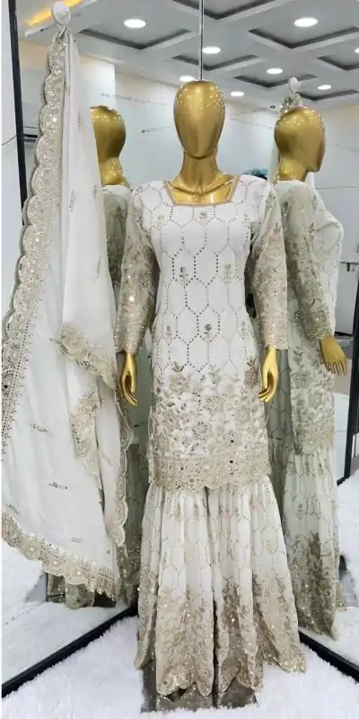 SR 1616 White Color Heavy Chinnon Silk Embroidery Work Sharara Suit Wedding, Party, Festive, Events Etc. Expected Delivery 4-6 Working Days @2199Only | Casual Suits, Salwar suit, Creative suits, Designer Suits, Palazzo Suits, Party Wear Suits, Straight Suits