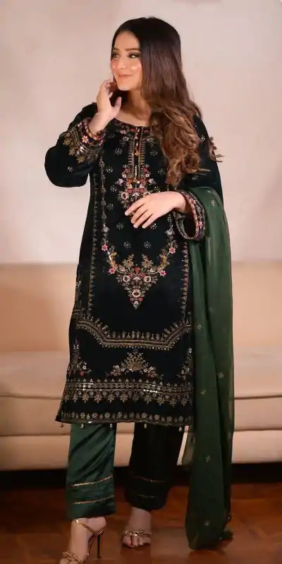 ZF 345 Green Color Viscose Velvet Embroidery Salwar Suit Casual, Wedding, Party, Events Etc. Expected Delivery 4-6 Working Days 1899/- | Casual Suits, Jump Suits, Salwar suit, Creative suits, Designer Suits, Palazzo Suits, Party Wear Suits, Patiala Suits, Straight Suits