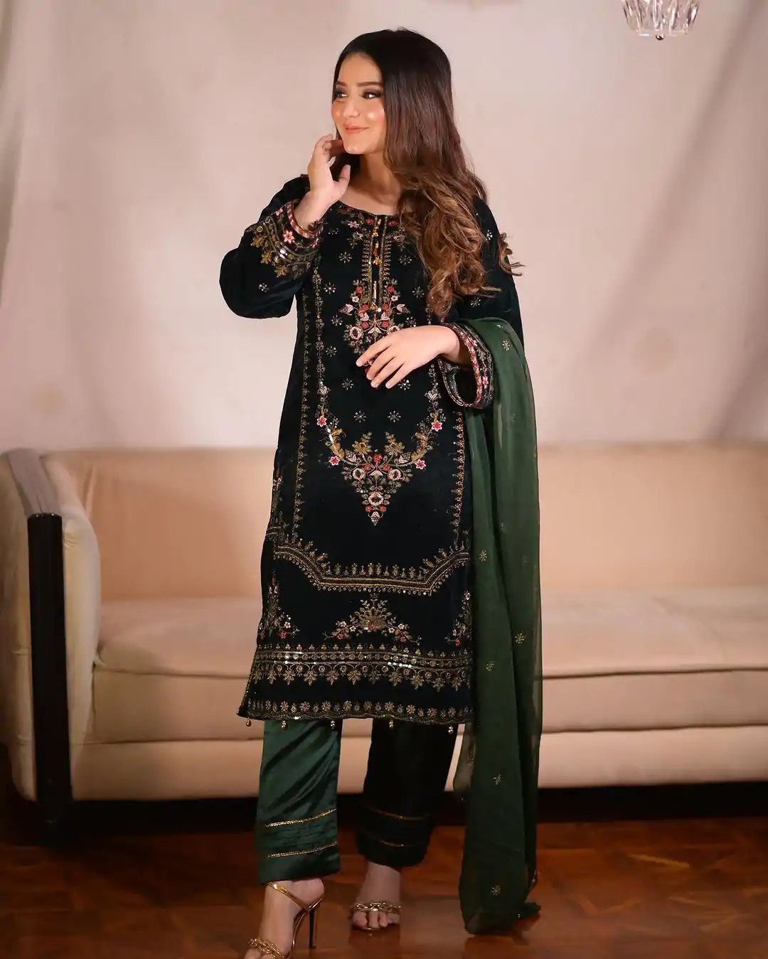 ZF 345 Green Color Viscose Velvet Embroidery Salwar Suit Casual, Wedding, Party, Events Etc. Expected Delivery 4-6 Working Days 1899/- | Casual Suits, Jump Suits, Salwar suit, Creative suits, Designer Suits, Palazzo Suits, Party Wear Suits, Patiala Suits, Straight Suits