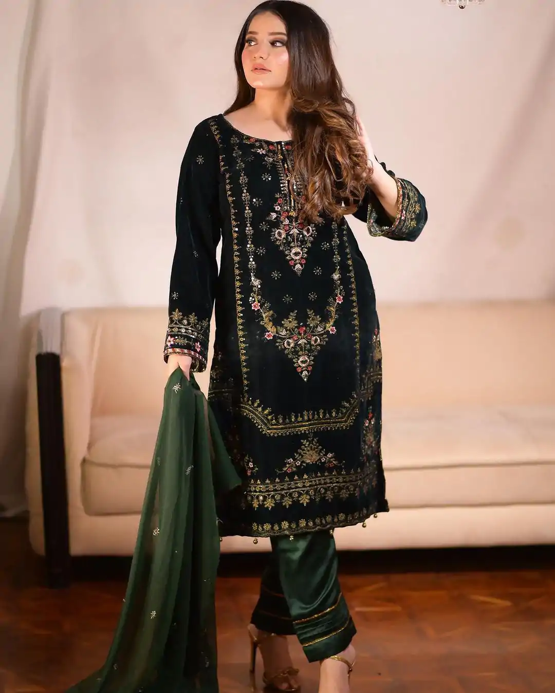 ZF 345 Green Color Viscose Velvet Embroidery Salwar Suit Casual, Wedding, Party, Events Etc. Expected Delivery 4-6 Working Days 1899/- | Casual Suits, Jump Suits, Salwar suit, Creative suits, Designer Suits, Palazzo Suits, Party Wear Suits, Patiala Suits, Straight Suits