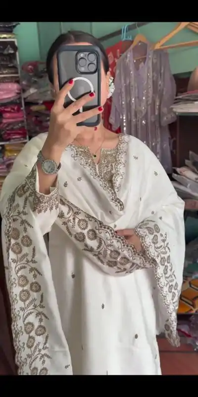 SRK 5178 White Color Chinnon Silk Sequence Salwar Suit Wedding, Party, Festive, Events Expected Delivery 4-6 Working Days @ 1899/- | Casual Suits, Jump Suits, Salwar suit, Creative suits, Designer Suits, Palazzo Suits, Party Wear Suits, Patiala Suits, Straight Suits