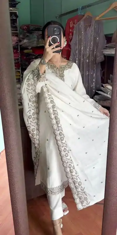 SRK 5178 White Color Chinnon Silk Sequence Salwar Suit Wedding, Party, Festive, Events Expected Delivery 4-6 Working Days @ 1899/- | Casual Suits, Jump Suits, Salwar suit, Creative suits, Designer Suits, Palazzo Suits, Party Wear Suits, Patiala Suits, Straight Suits