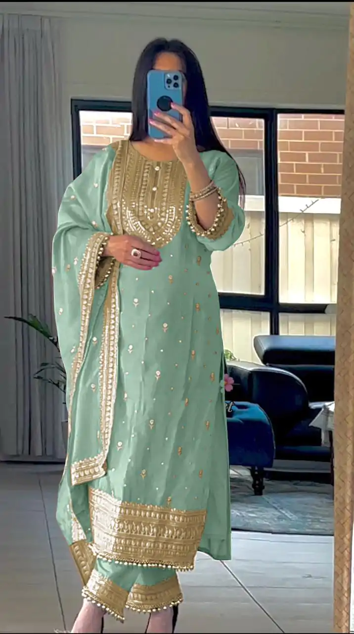 NSR 814 Blue Color Pure Chinnon Silk Embroidery Sequence Salwar Suit Casual, Party Festive, Events Etc. Expected Delivery 4-6 Working Days @2049/- | Casual Suits, Jump Suits, Salwar suit, Creative suits, Designer Suits, Palazzo Suits, Party Wear Suits, Patiala Suits, Straight Suits
