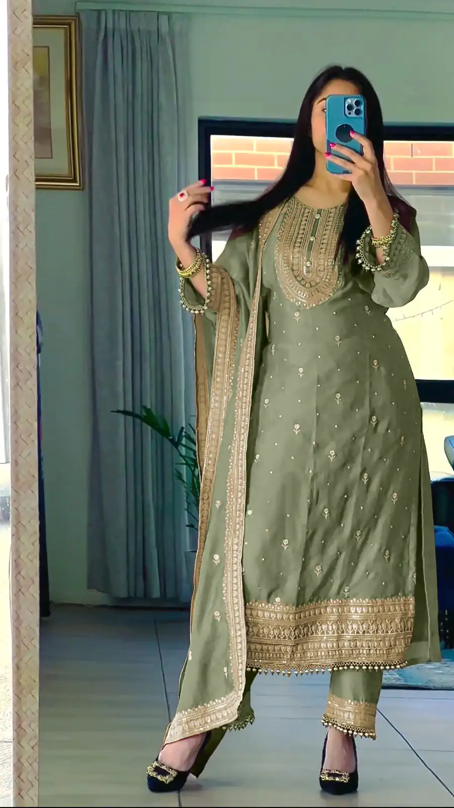 NSR 814 Green Color Pure Chinnon Silk Embroidery Sequence Salwar Suit Casual, Party Festive, Events Etc. Expected Delivery 4-6 Working Days @2049/- | Casual Suits, Jump Suits, Salwar suit, Creative suits, Designer Suits, Palazzo Suits, Party Wear Suits, Patiala Suits, Straight Suits