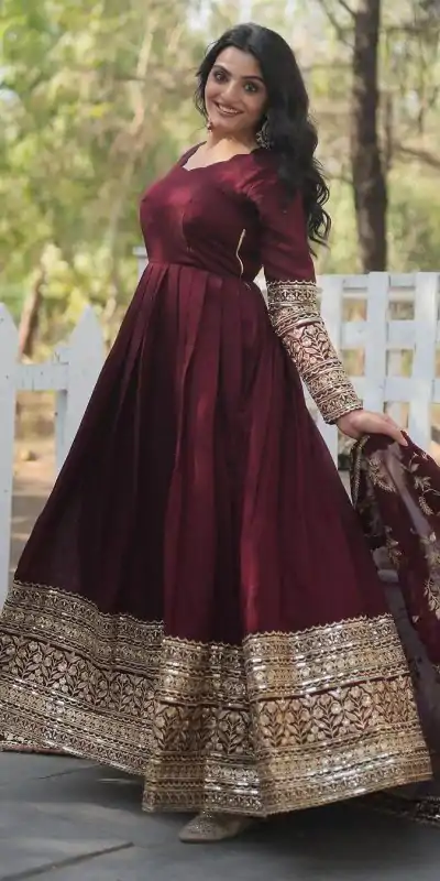 SR 1634 Maroon Color Georgette Embroidery Sequence Gown Casual, Wedding, Party, Festive, Events Etc. Expected Delivery 4-6 Working Days @2099/- | Gowns, Bollywood Gowns, Creative Gowns, Designer Gowns, Embroidered Gowns, Party Wear Gowns