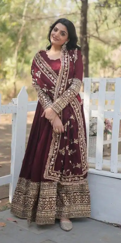 SR 1634 Maroon Color Georgette Embroidery Sequence Gown Casual, Wedding, Party, Festive, Events Etc. Expected Delivery 4-6 Working Days @2099/- | Gowns, Bollywood Gowns, Creative Gowns, Designer Gowns, Embroidered Gowns, Party Wear Gowns