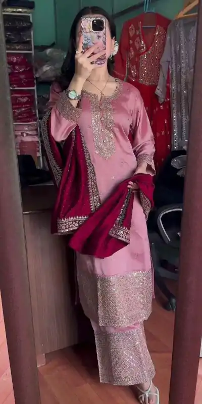 SRK 5140 Peach Color Pure Chinnon Silk Embroidery Sequence Salwar Suit Wedding, Party, Festive, Events Expected Delivery 4-6 Working Days @ 1899/- | Casual Suits, Jump Suits, Salwar suit, Creative suits, Designer Suits, Palazzo Suits, Party Wear Suits, Patiala Suits, Straight Suits