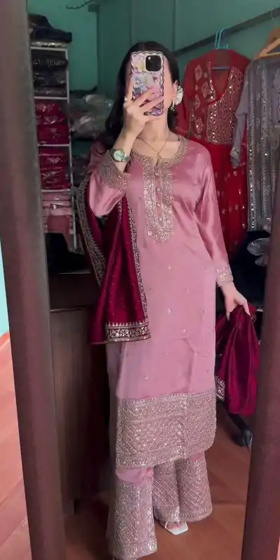 SRK 5140 Peach Color Pure Chinnon Silk Embroidery Sequence Salwar Suit Wedding, Party, Festive, Events Expected Delivery 4-6 Working Days @ 1899/- | Casual Suits, Jump Suits, Salwar suit, Creative suits, Designer Suits, Palazzo Suits, Party Wear Suits, Patiala Suits, Straight Suits