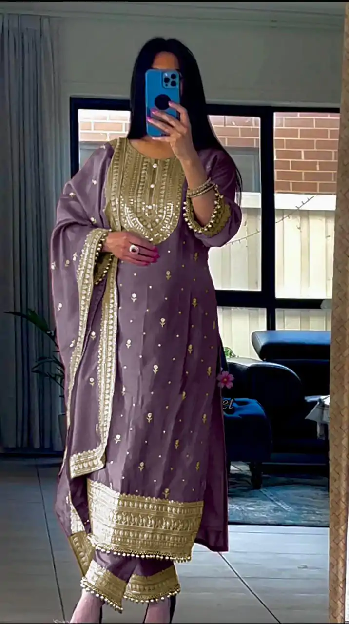 NSR 814 Purple Color Pure Chinnon Silk Embroidery Sequence Salwar Suit Casual, Party Festive, Events Etc. Expected Delivery 4-6 Working Days @2049/- | Casual Suits, Jump Suits, Salwar suit, Creative suits, Designer Suits, Palazzo Suits, Party Wear Suits, Patiala Suits, Straight Suits