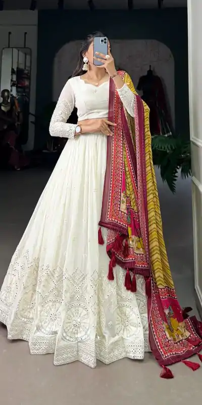 LNB 1500 White Color Georgette Lucknowi Paper Mirror Lehenga Choli Festive Party Wedding, Events etc. Delivery 4-6 Working Days @3499/- | Lehenga, Bollywood Lehenga, Creative Lehenga, Designer Lehenga, Embroidered Lehenga, Party Wear Lehenga