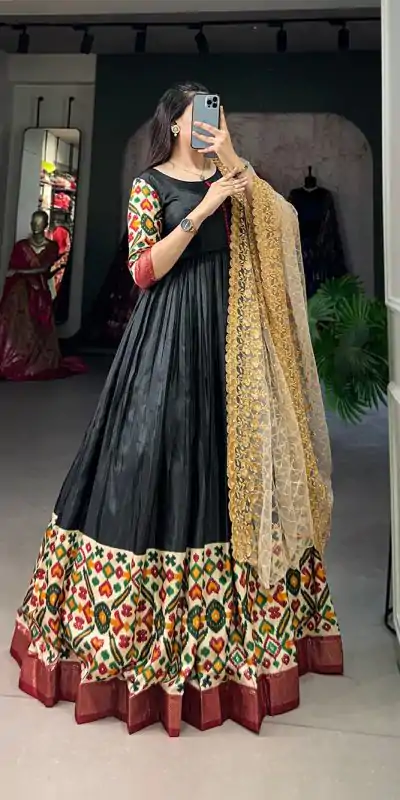 YNF 5033 Black Color Dola Silk Printed Foil Work Gown (With Dupatta ) Casual, Wedding, Festive, Events, Designer Party Wear, Delivery 4-6 Working Days @1999 | Gowns, Bollywood Gowns, Creative Gowns, Designer Gowns, Embroidered Gowns, Party Wear Gowns