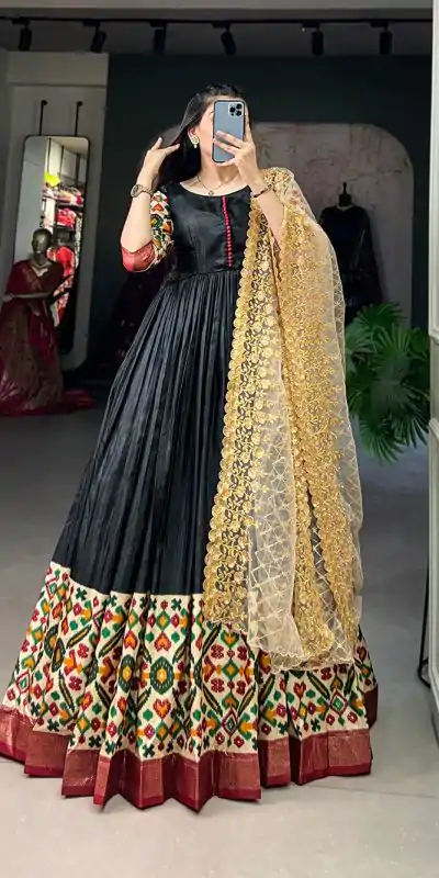 YNF 5033 Black Color Dola Silk Printed Foil Work Gown (With Dupatta ) Casual, Wedding, Festive, Events, Designer Party Wear, Delivery 4-6 Working Days @1999 | Gowns, Bollywood Gowns, Creative Gowns, Designer Gowns, Embroidered Gowns, Party Wear Gowns