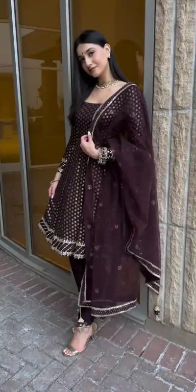 NF 1185 Brown Color Georgette Embroidery Sequence Salwar Suit Casual, Wedding, Party, Festive, Events . Expected Delivery 4-6 Working Days @2099 | Casual Suits, Salwar suit, Creative suits, Designer Suits, Palazzo Suits, Party Wear Suits, Patiala Suits, Straight Suits