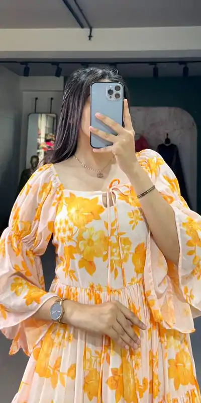 YNF 5014 Yellow Color Georgette Floral Printed Work Gown Casual, Wedding, Festive, Events, Designer Party Wear, Delivery 4-6 Working Days @1849 | Gowns, Bollywood Gowns, Creative Gowns, Designer Gowns, Embroidered Gowns, Party Wear Gowns