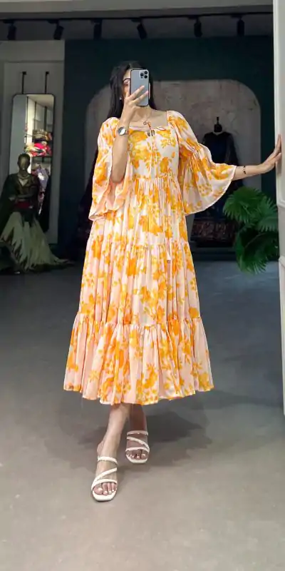YNF 5014 Yellow Color Georgette Floral Printed Work Gown Casual, Wedding, Festive, Events, Designer Party Wear, Delivery 4-6 Working Days @1849 | Gowns, Bollywood Gowns, Creative Gowns, Designer Gowns, Embroidered Gowns, Party Wear Gowns