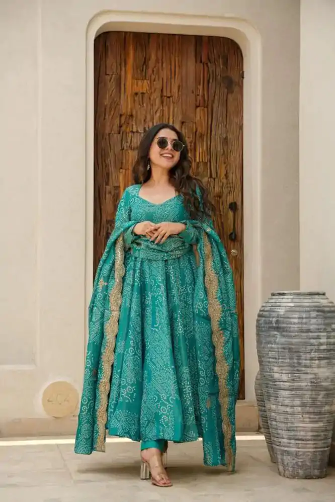 AD 172 Green Color Two Tone Banarasi Silk Digital Printed Gown Casual, Wedding, Party, Festive, Events Etc. Expected Delivery 4-6 Working Days @1999/- | Gowns, Bollywood Gowns, Creative Gowns, Designer Gowns, Embroidered Gowns, Party Wear Gowns