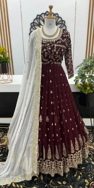 SR 1584 Maroon Color Georgette Embroidery Sequence Gown Casual, Wedding, Party, Festive, Events Etc. Expected Delivery 4-6 Working Days @2199/- | Gowns, Bollywood Gowns, Creative Gowns, Designer Gowns, Embroidered Gowns, Party Wear Gowns