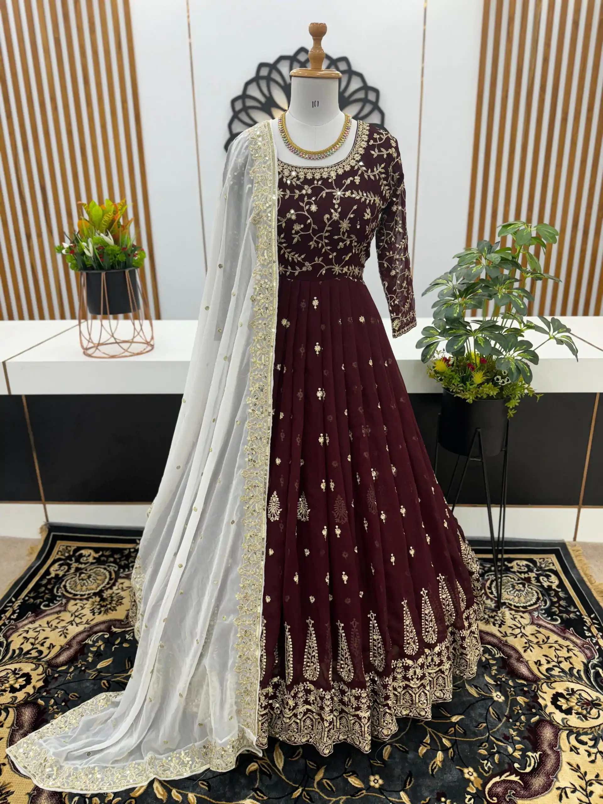 SR 1584 Maroon Color Georgette Embroidery Sequence Gown Casual, Wedding, Party, Festive, Events Etc. Expected Delivery 4-6 Working Days @2199/- | Gowns, Bollywood Gowns, Creative Gowns, Designer Gowns, Embroidered Gowns, Party Wear Gowns