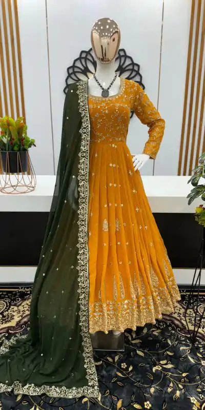 SR 1584 Yellow Color Georgette Embroidery Sequence Gown Casual, Wedding, Party, Festive, Events Etc. Expected Delivery 4-6 Working Days @2199/- | Gowns, Bollywood Gowns, Creative Gowns, Designer Gowns, Embroidered Gowns, Party Wear Gowns