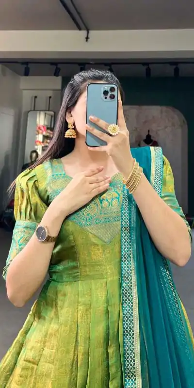 YNF 5307 Parrot Green Color Kanjivaram Zari Weaving Work Gown Casual, Wedding, Festive, Events, Designer Party Wear, Delivery 4-6 Working Days @1849 | Gowns, Bollywood Gowns, Creative Gowns, Designer Gowns, Embroidered Gowns, Party Wear Gowns